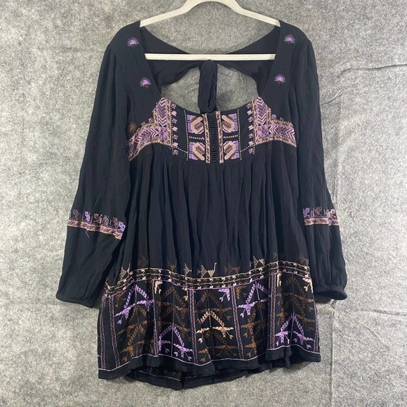 Free People Dresses & Skirts - Free People Dress XS Black Purple Embroidered Long Sleeve Mini Rhiannon